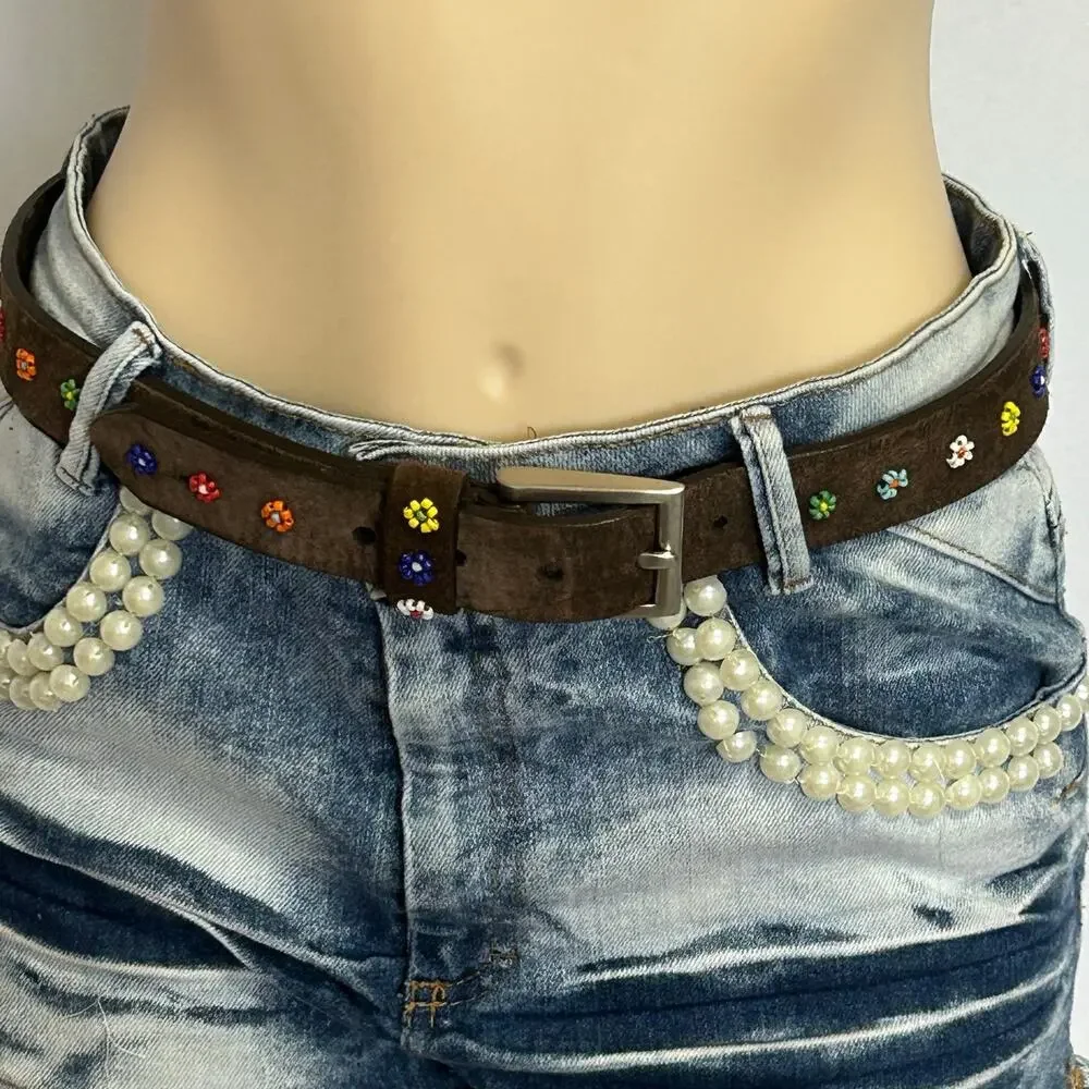 Brown Suede Leather Belt Multicolor Seed Bead Floral Boho Western 33” Waist